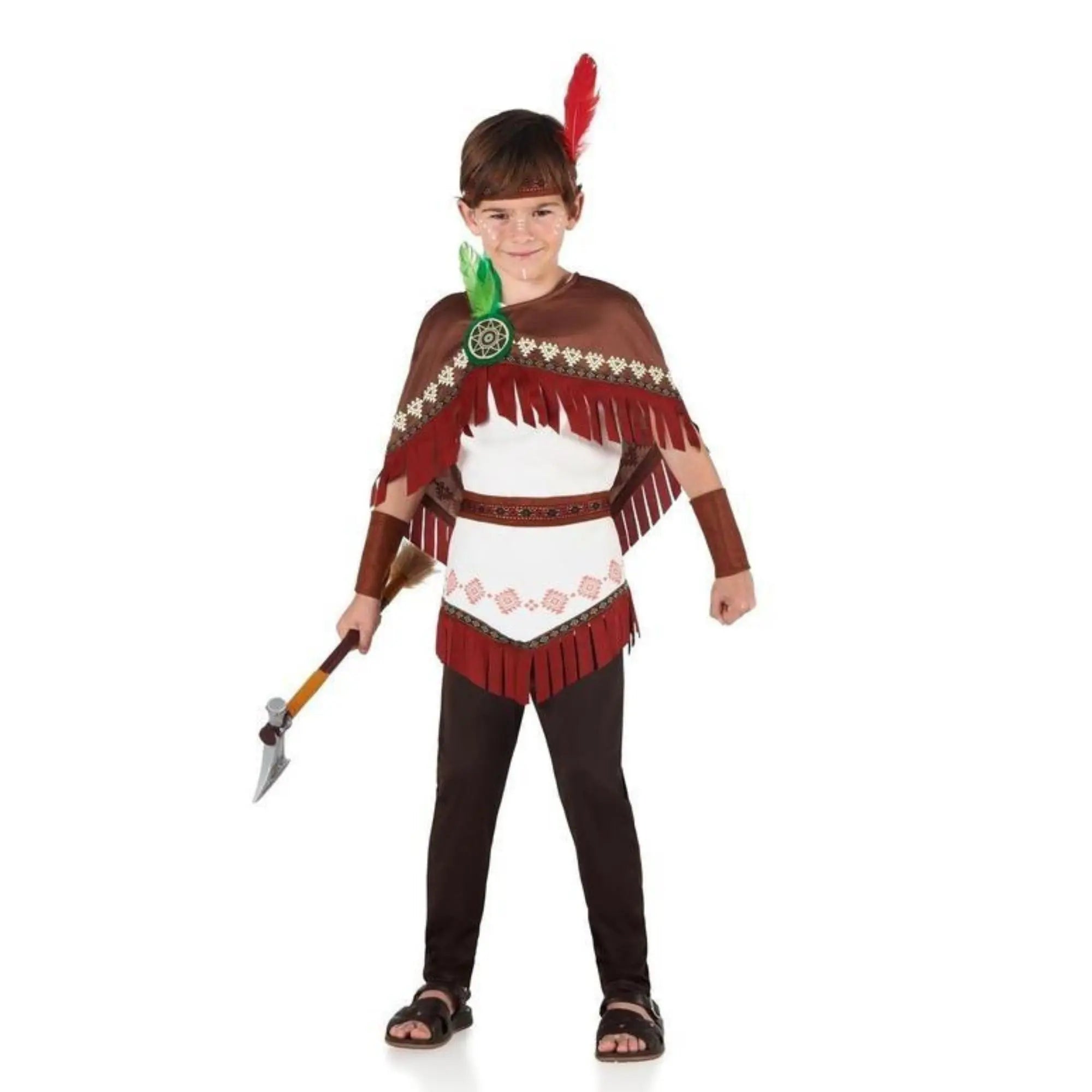 Disfraz de indio nube blanca para niño con chaleco, capa con flecos, pantalón y diadema con plumas