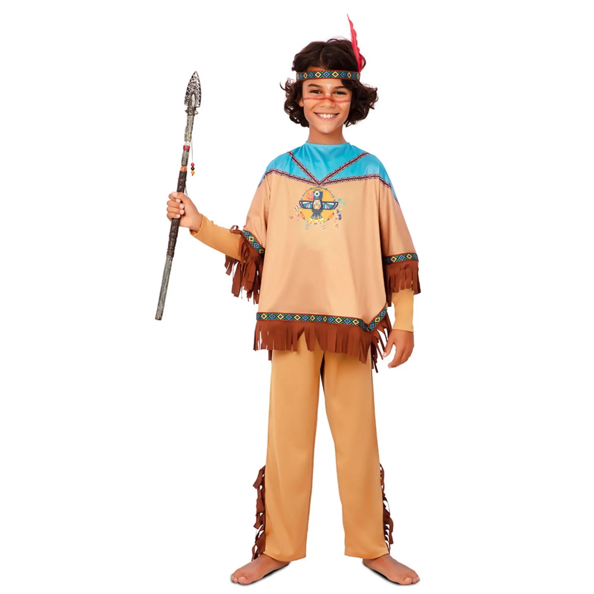 Disfraz indio apache para niño en tonos marrones con poncho y cinta de cabeza estilo lejano oeste