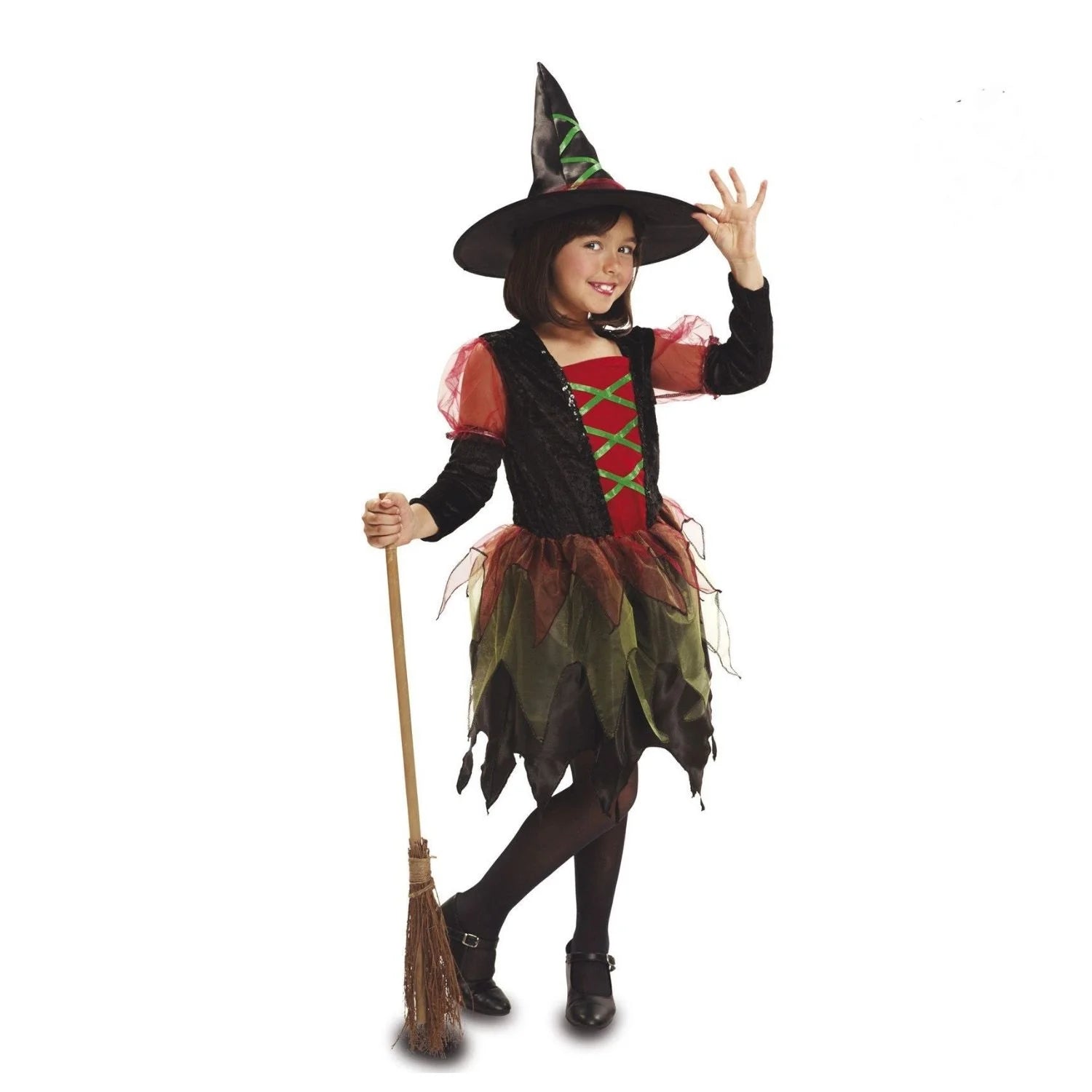 Disfraz infantil bruja con vestido y sombrero para Halloween y Carnaval