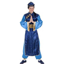 Disfraz japonés azul para hombre con túnica, fajín, pantalones y gorro tradicional