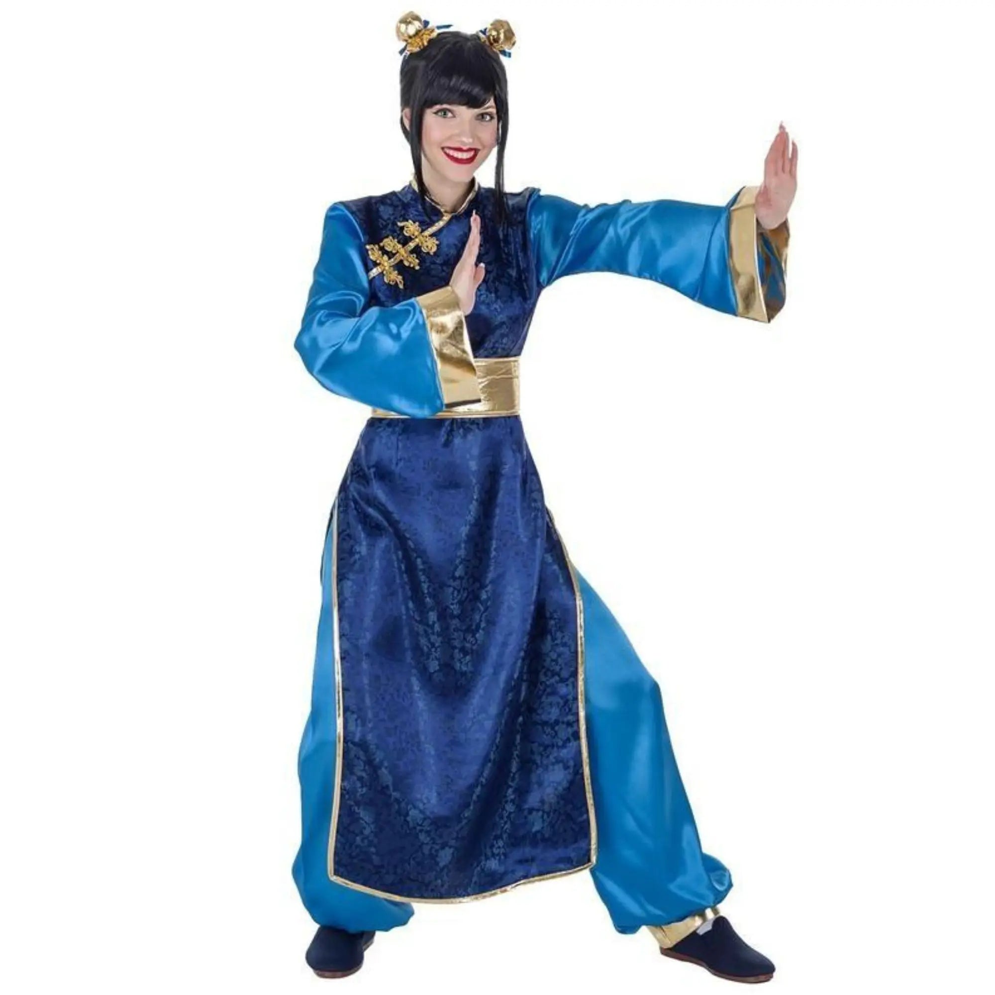 Disfraz japonesa azul para mujer con diadema de moños túnica fajín y pantalones para Carnaval