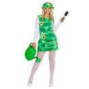 Mujer con disfraz de Jardinera compuesto por vestido verde decorado con flores y sombrero a juego