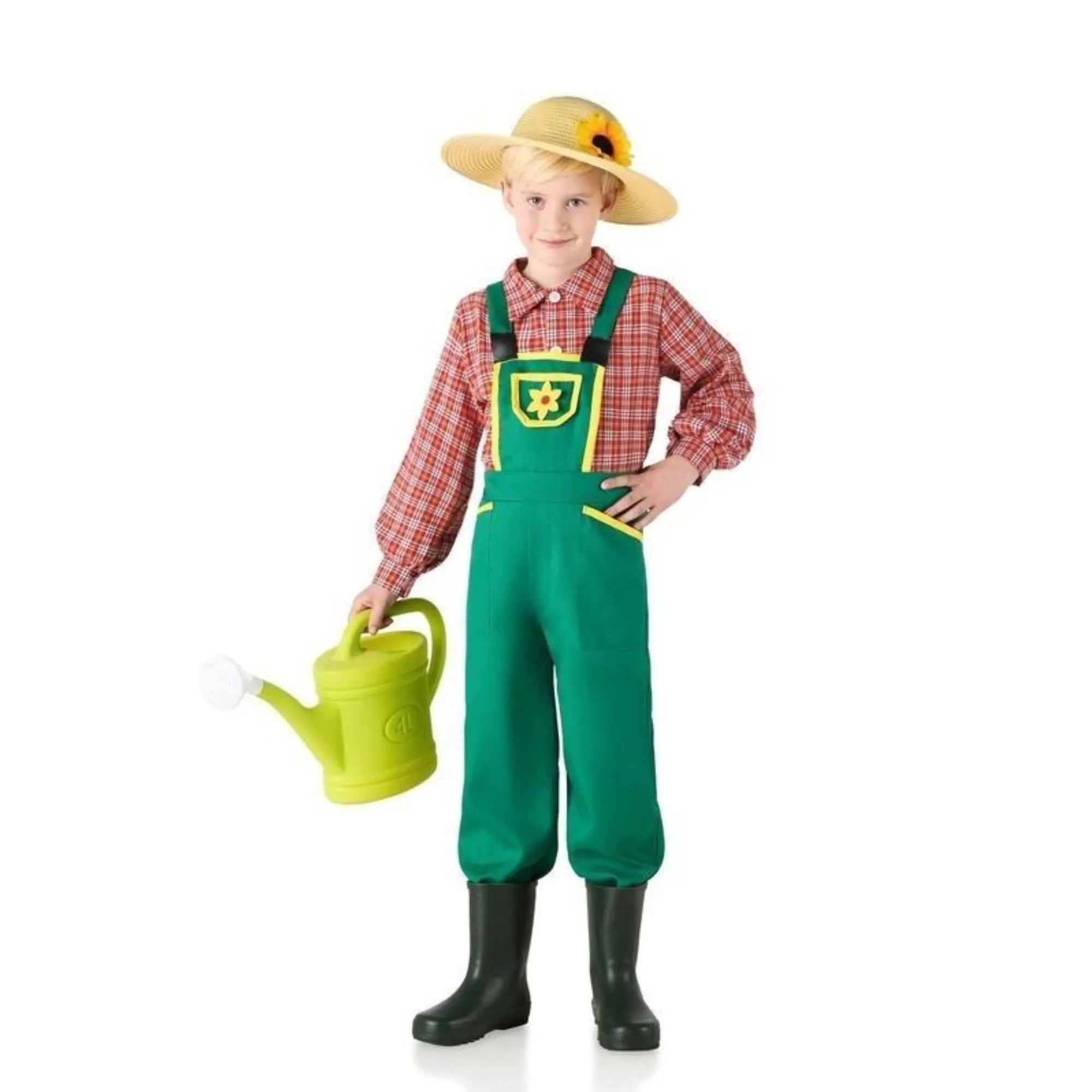Disfraz de jardinero infantil con camisa, pantalón con tirantes y gorro para Carnaval