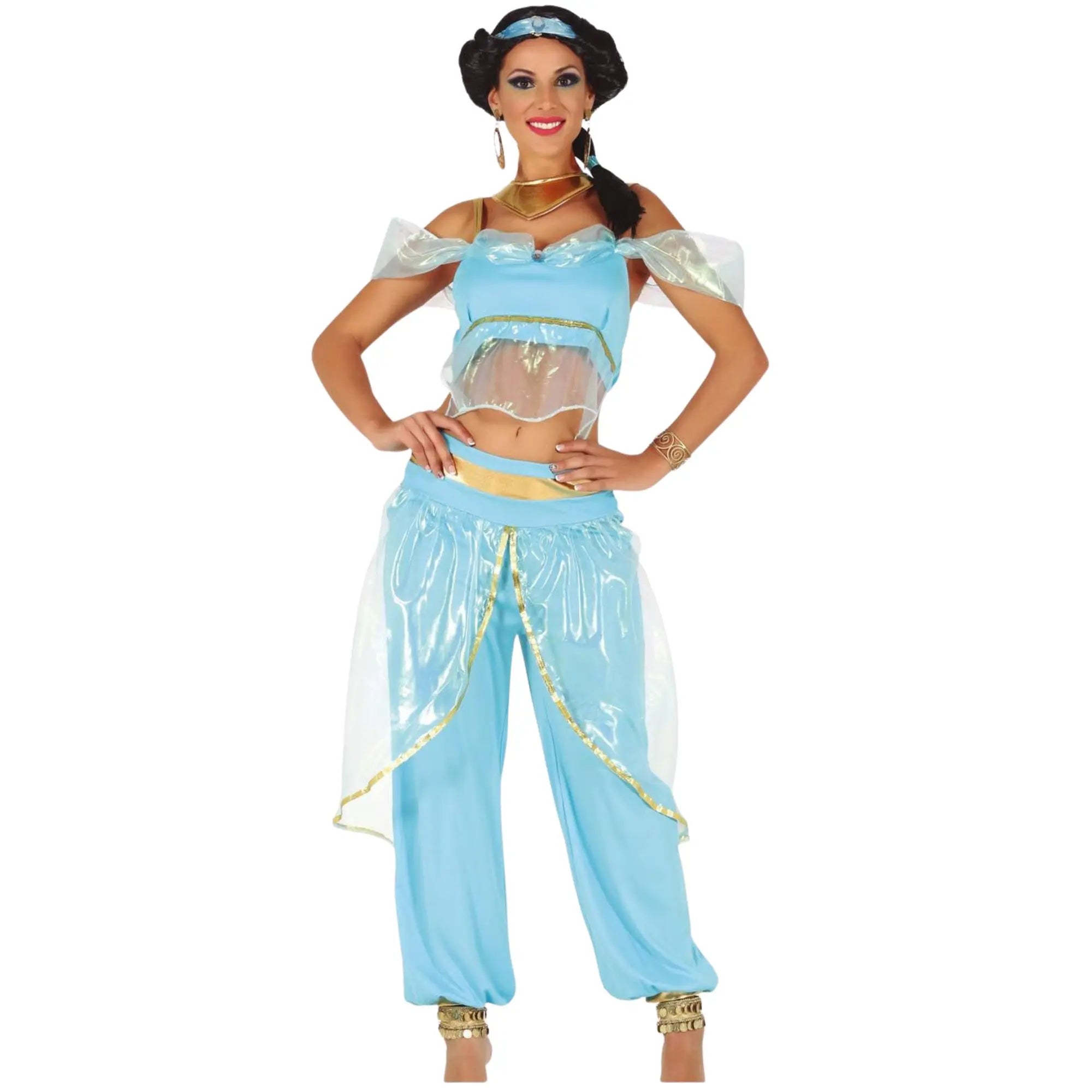 Disfraz de princesa del desierto para mujer con pantalón, camiseta, cinta de cabeza y collar estilo oriental