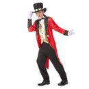 Hombre con disfraz de jefe de pista de circo rojo y negro con sombrero de copa