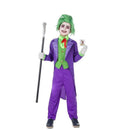 Disfraz de bufón malvado para niño con chaqué y pantalón oscuro ideal para Halloween y Carnaval