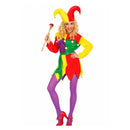 Disfraz Jolly Jester para mujer con vestido multicolor, cinturón y gorro de bufón
