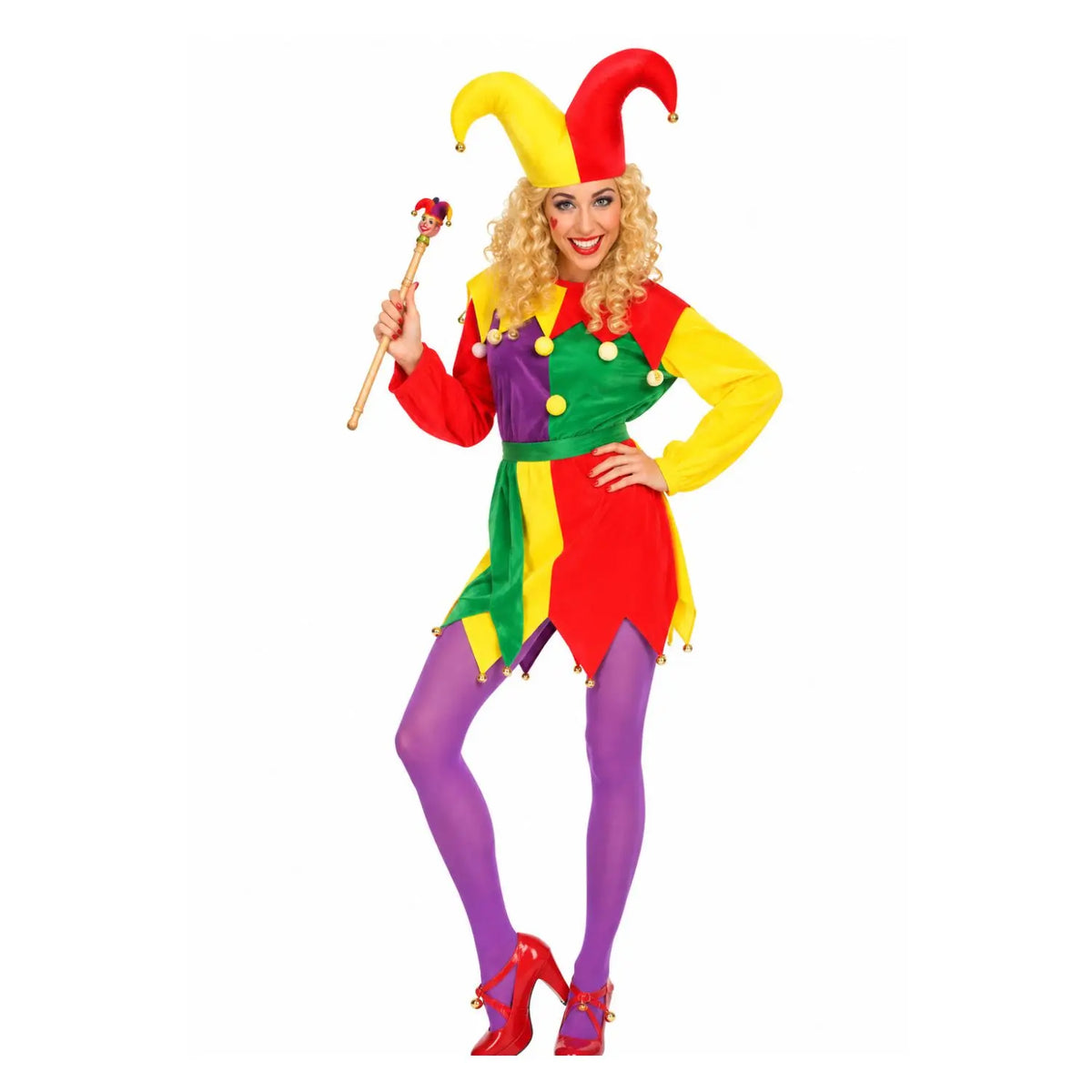 Disfraz Jolly Jester para mujer con vestido multicolor, cinturón y gorro de bufón
