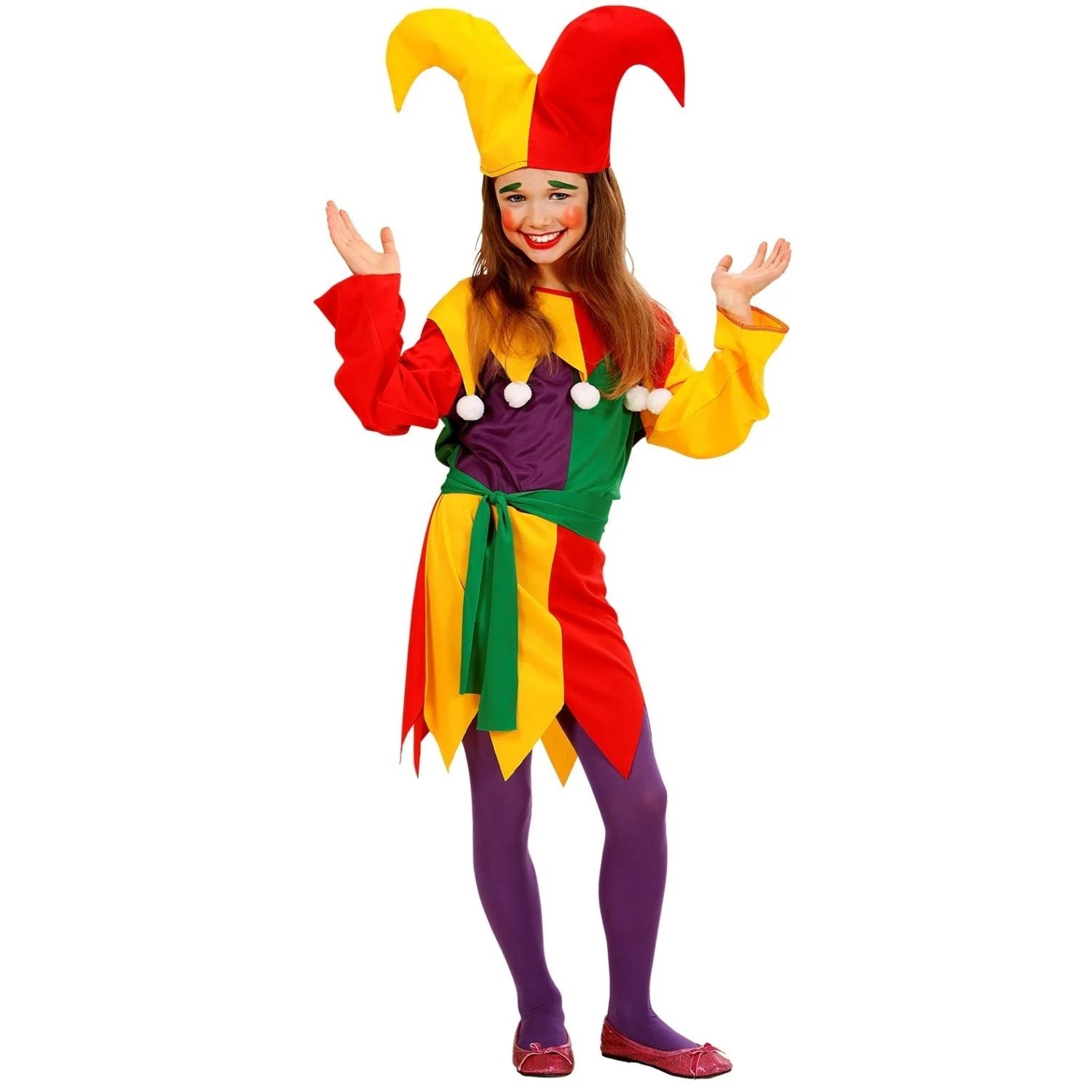 Disfraz Jolly Jester para niña con vestido de colores y sombrero de bufón