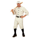Disfraz jugador béisbol adulto con uniforme a rayas y gorra deportiva
