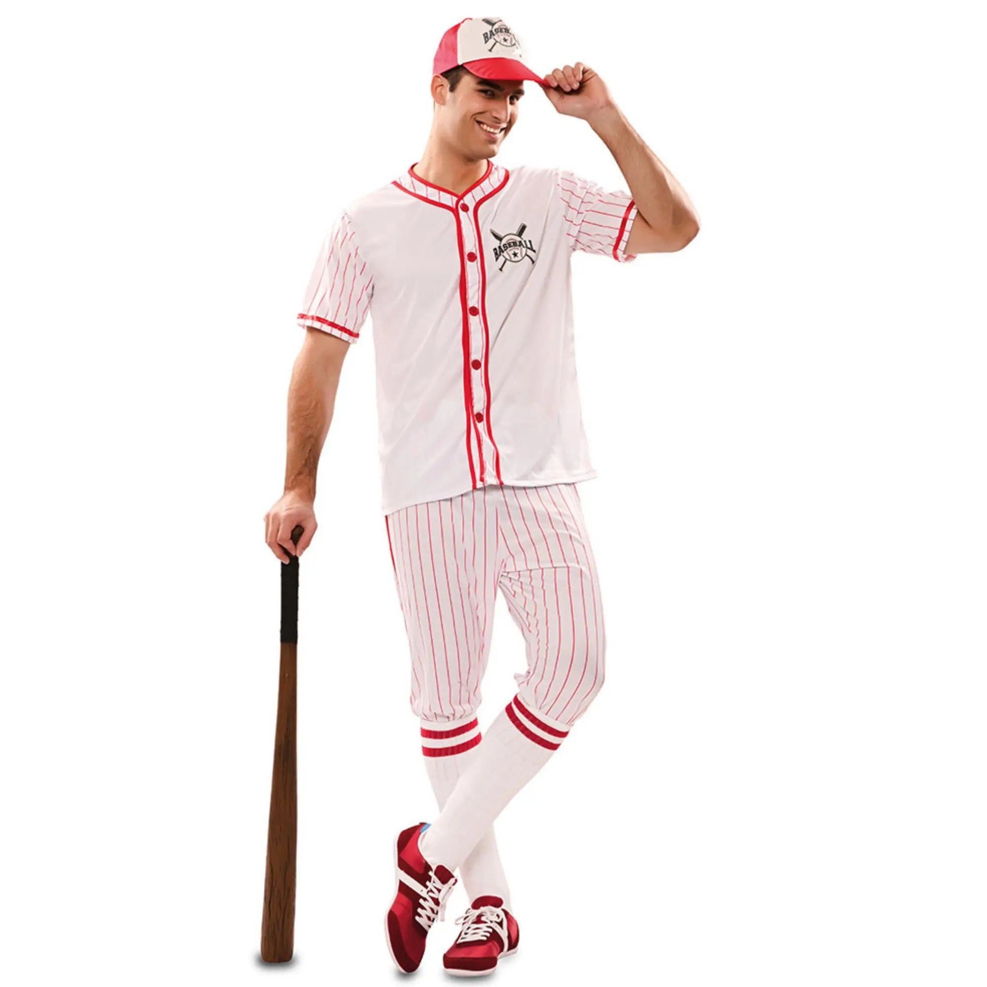 Disfraz de jugador de béisbol para hombre con camiseta pantalón y gorra blanca a rayas rojas estilo deportivo