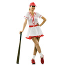 Disfraz de jugadora de béisbol para mujer con vestido blanco a rayas rojas gorra y cinturón estilo deportivo
