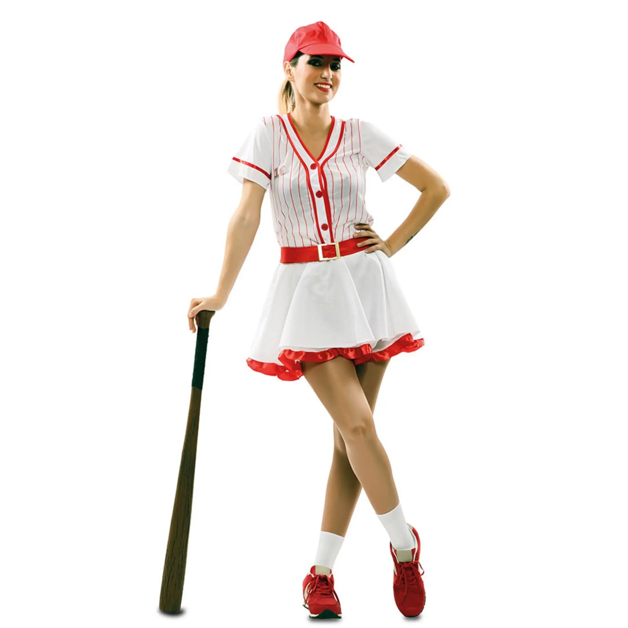 Disfraz de jugadora de béisbol para mujer con vestido blanco a rayas rojas gorra y cinturón estilo deportivo