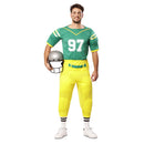 Disfraz de jugador de fútbol americano verde para hombre con camiseta verde y pantalón amarillo ideal para Carnaval
