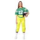 Disfraz de jugador de fútbol americano verde para mujer con camiseta verde y pantalón amarillo ideal para Carnaval