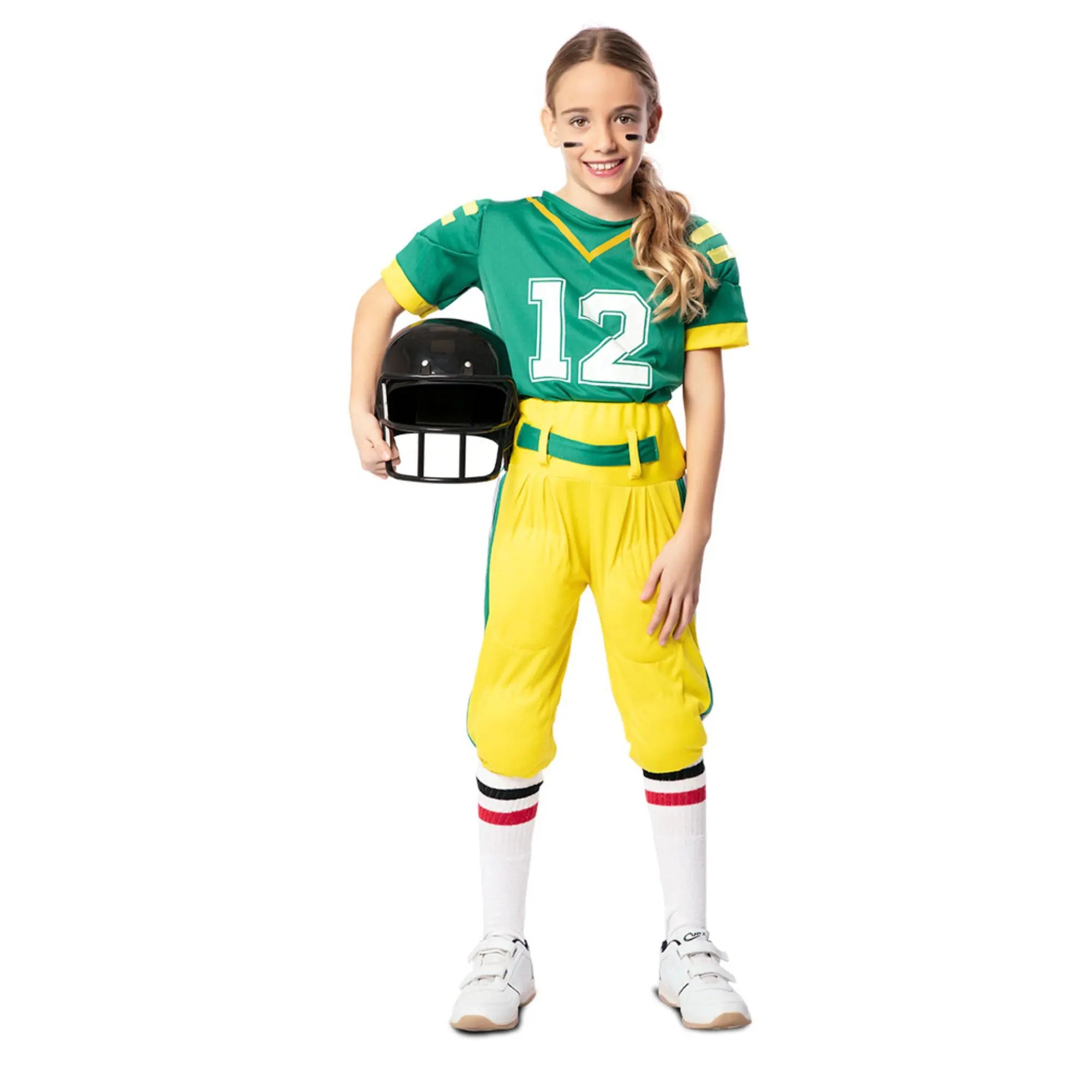 Disfraz de jugador de fútbol americano verde infantil para niña con camiseta verde y pantalón amarillo ideal para Carnaval