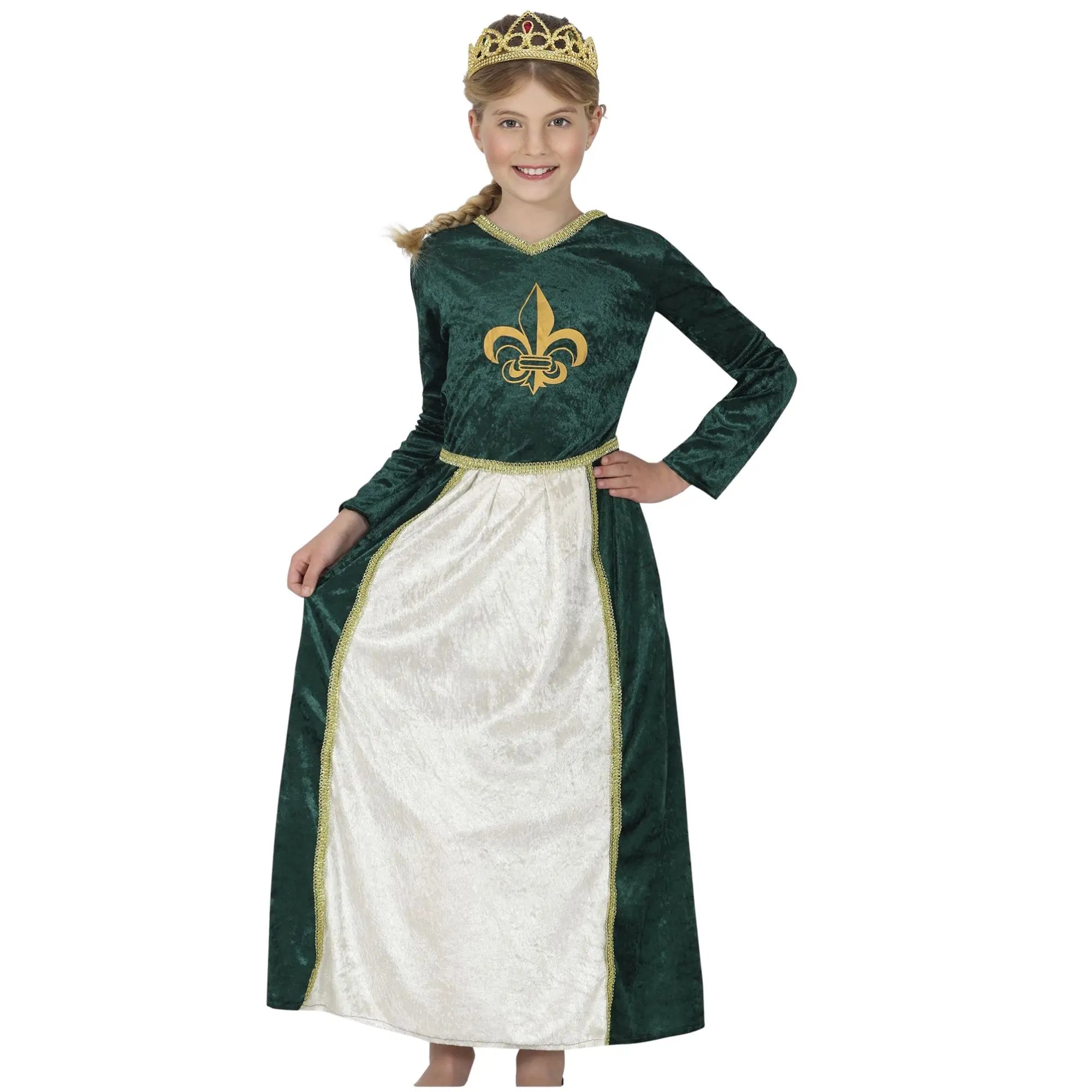Disfraz de reina medieval verde para niña con vestido elegante infantil para Carnaval y fiestas