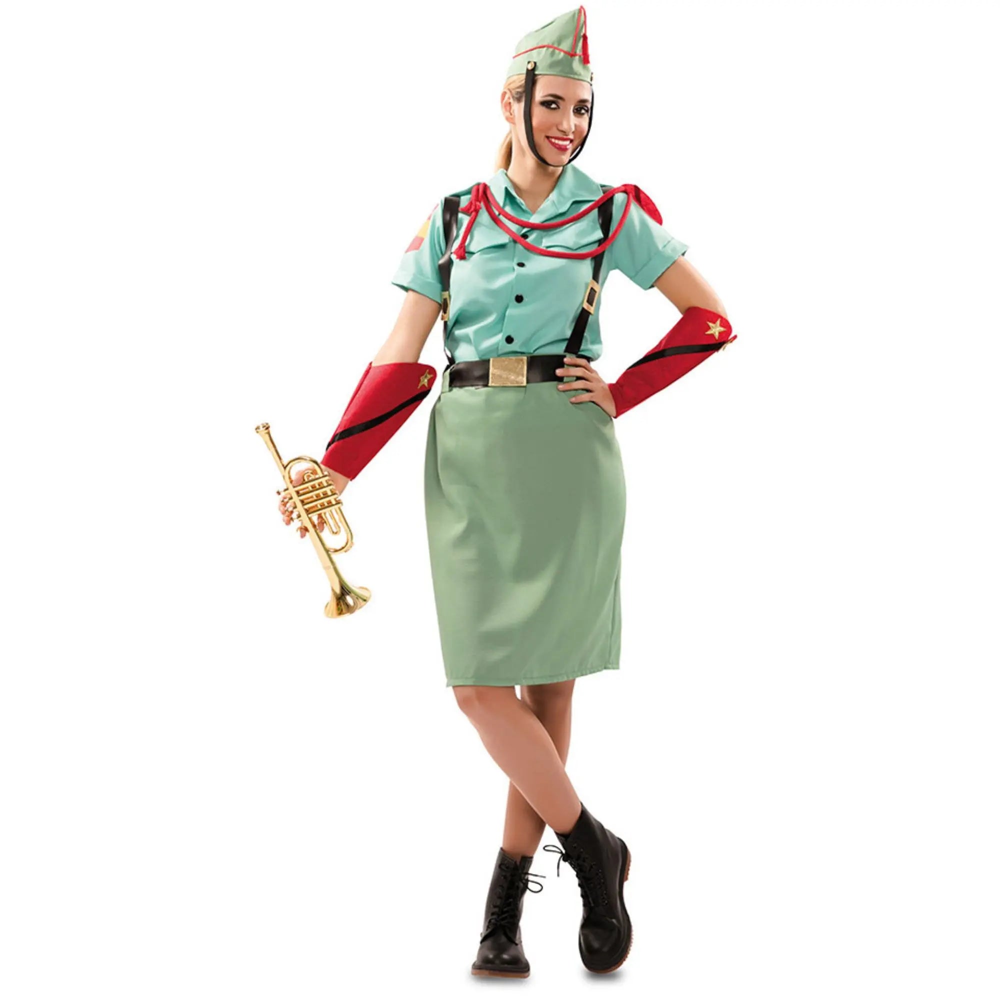 Disfraz de legionaria para mujer con camisa falda con tirantes gorro y muñequeras en color verde militar