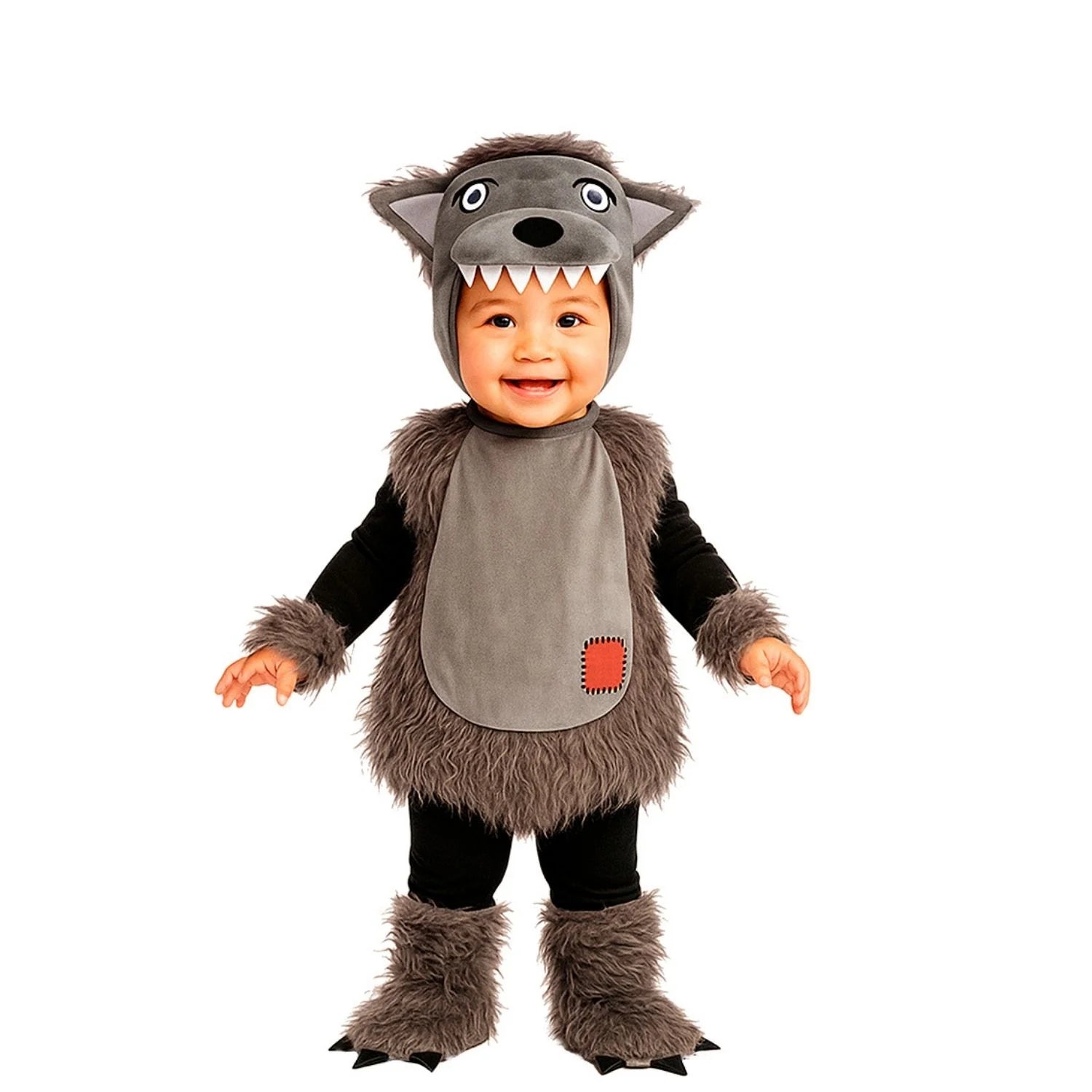 Bebé con disfraz de lobo gris infantil con capucha y detalles de pelo suave