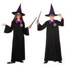 Disfraz de Mago Morado Infantil con túnica negra y sombrero de hechicero a juego