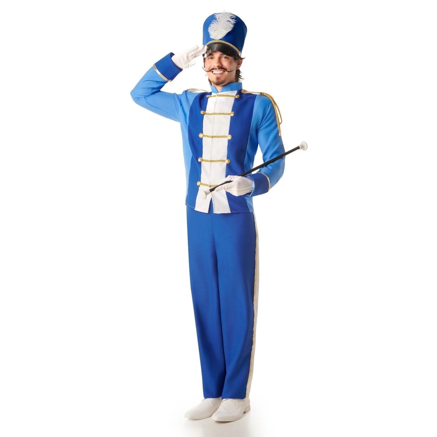 Disfraz de majorette para hombre con sombrero, chaqueta y pantalón azul
