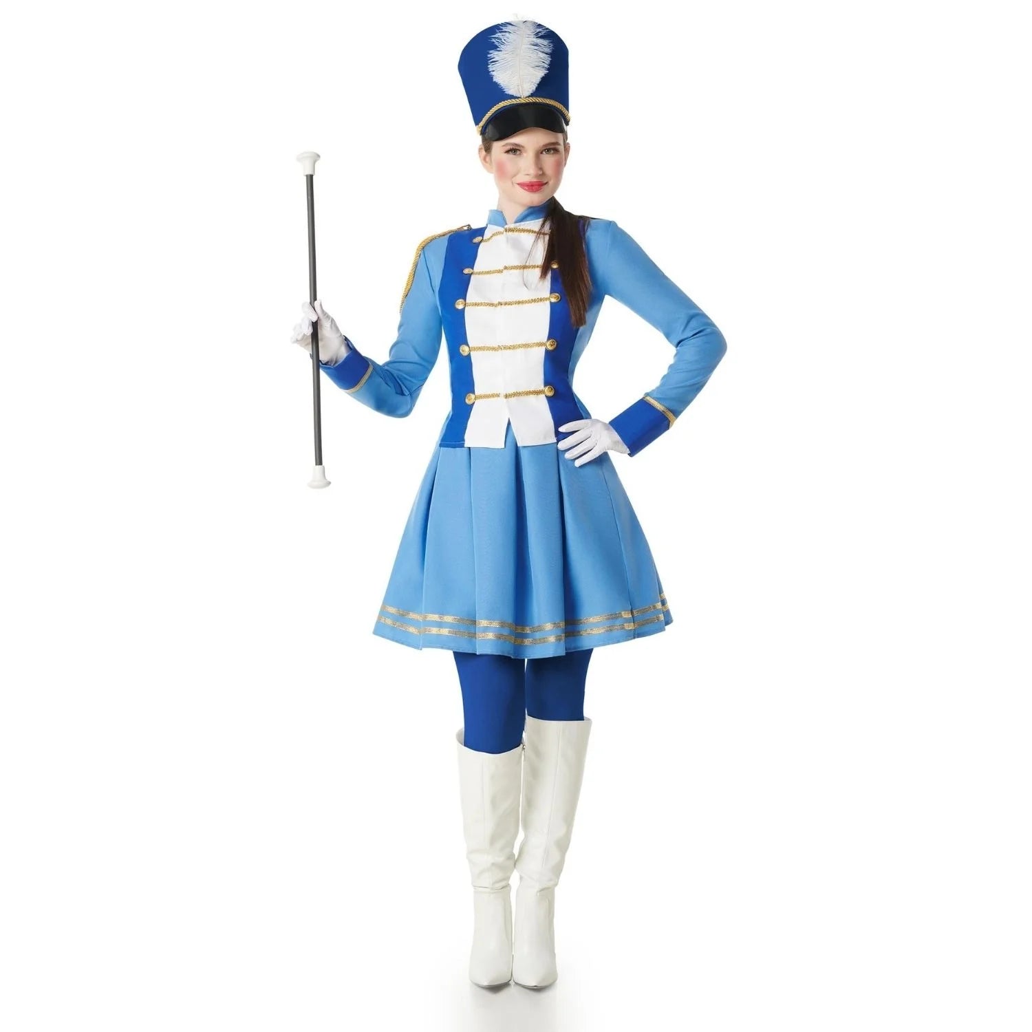Disfraz de majorette para mujer con sombrero, chaqueta y falda azul