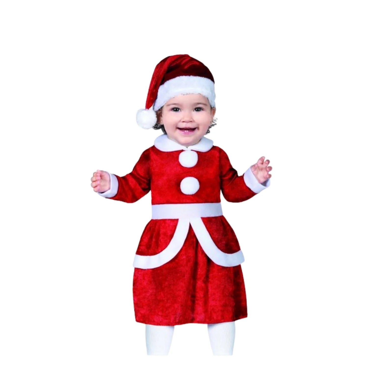 Bebé con disfraz de Mamá Noel con vestido rojo y gorro navideño