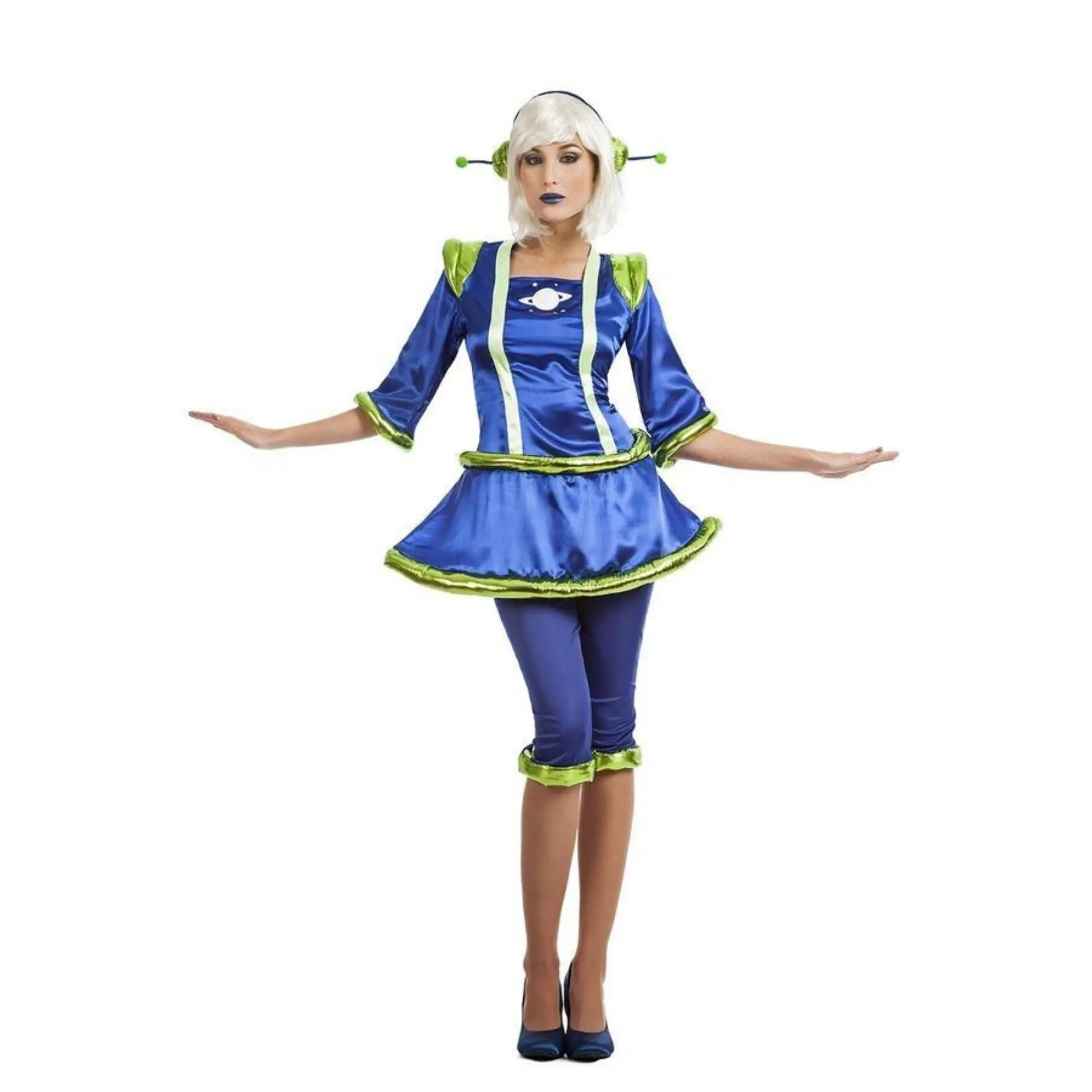Disfraz de marciana para mujer con vestido, pantalones y antenas ideal para Carnaval