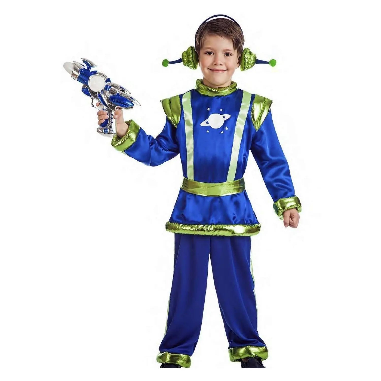 Disfraz de marciano extraterrestre para niño con antenas y pantalones