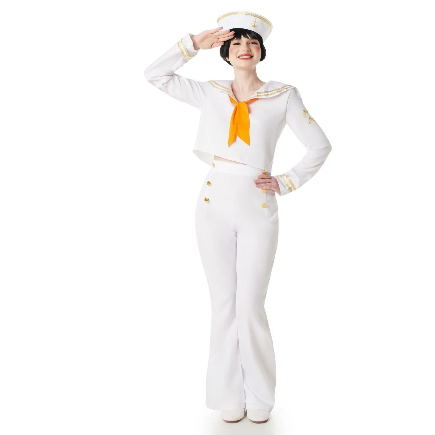 Disfraz de marinera blanca para mujer con sombrero, blusa de cuello marinero y pantalón blanco de campana