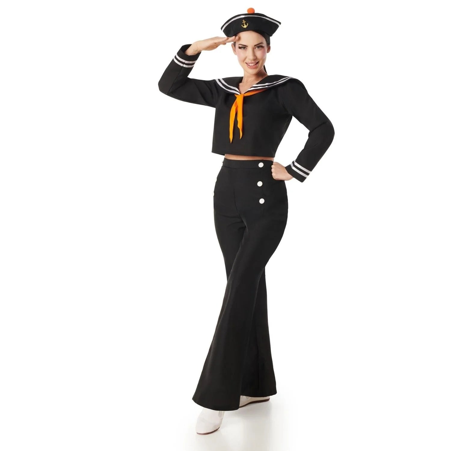 Disfraz de marinera negra para mujer con sombrero, blusa de cuello marinero y pantalón de campana