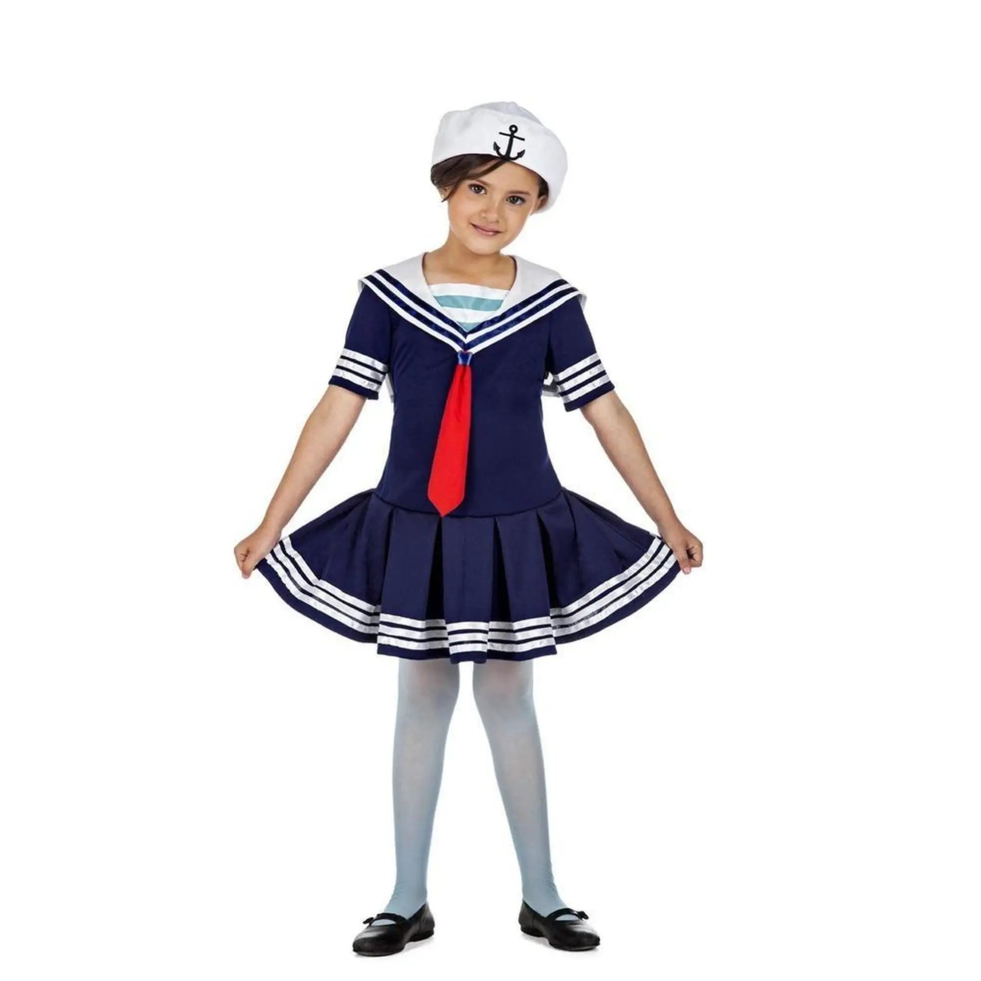 Disfraz de marinera infantil con vestido y gorro estilo náutico clásico