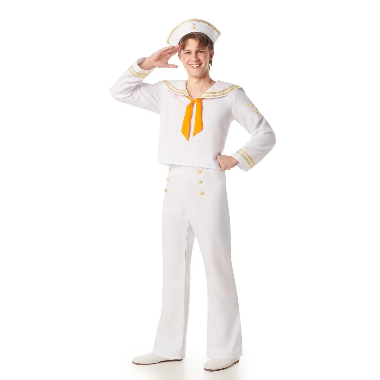 Disfraz de marinero blanco para hombre con sombrero, camisa de cuello marinero y pantalón blanco