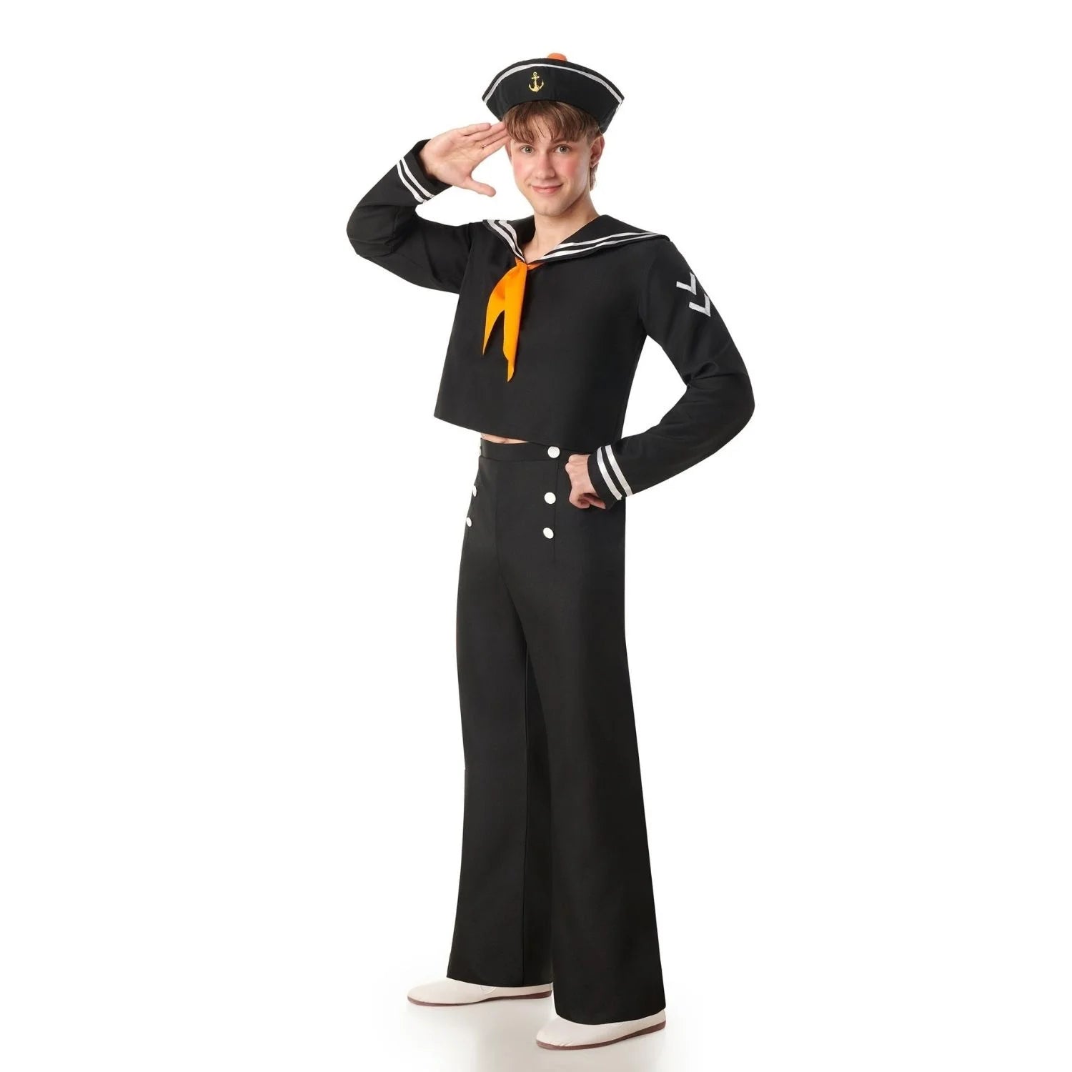 Disfraz de marinero negro para hombre con sombrero, camisa de cuello marinero y pantalón de campana