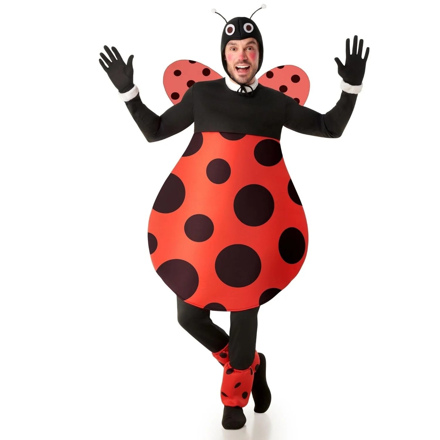Disfraz de mariquita rechoncha para hombre con capucha de antenas, cuerpo acolchado rojo con lunares negros, alas y calentadores