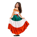 Disfraz de mejicana para niña con vestido largo de colores verde, blanco y rojo y fajín rojo
