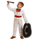 Disfraz mexicano para niño con traje blanco, fajín rojo y detalles decorativos tradicionales
