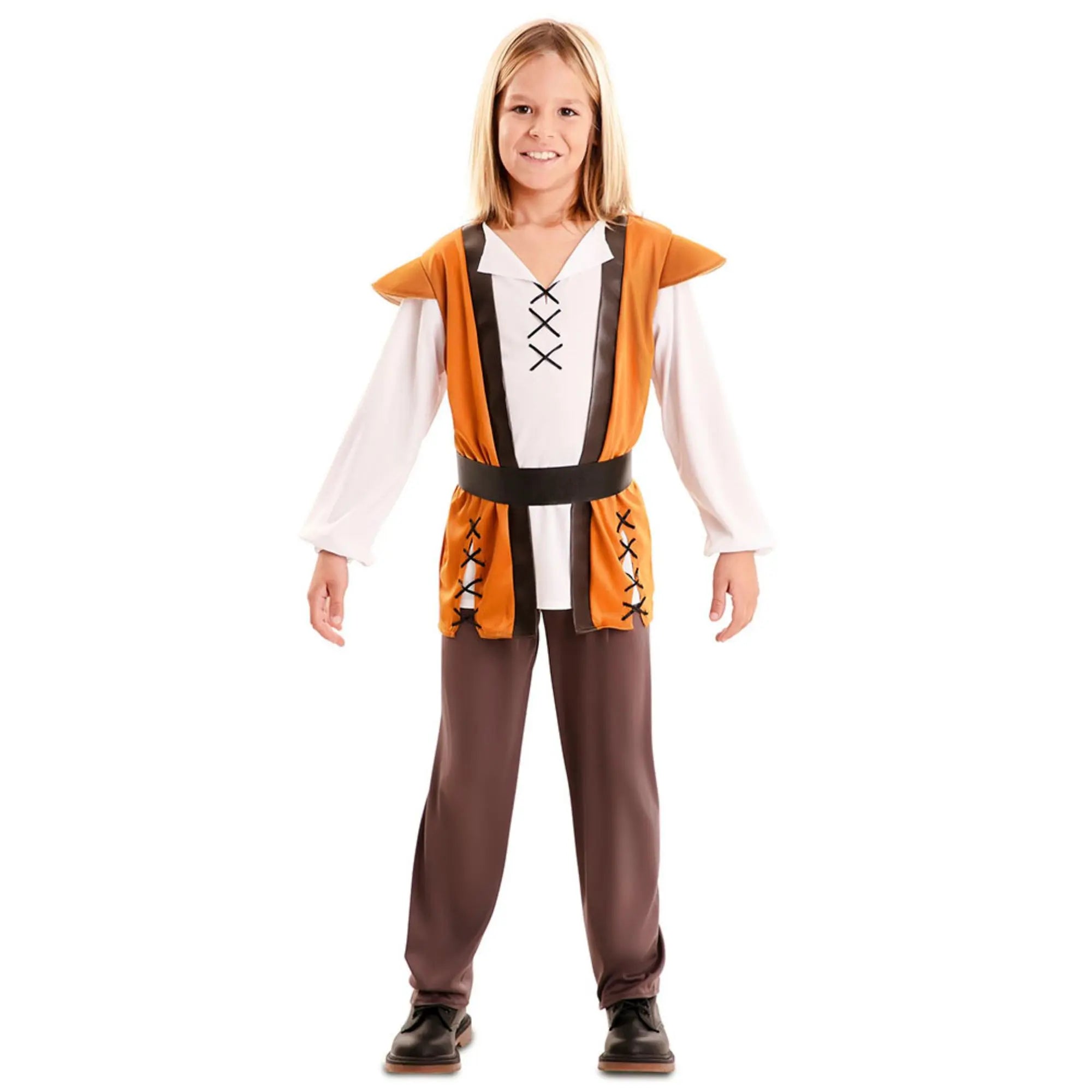 Disfraz de mesonero para niño con camiseta, chaleco simulado y pantalón en tonos marrones medievales ideal para Carnaval