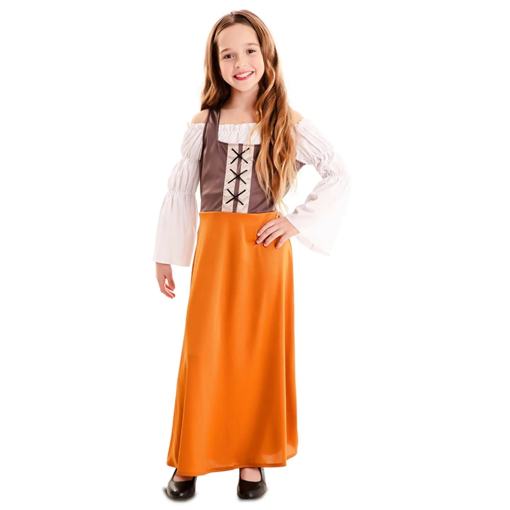 Disfraz de mesonera para niña con vestido en tonos marrones y anaranjados medievales ideal para Carnaval y fiestas temáticas