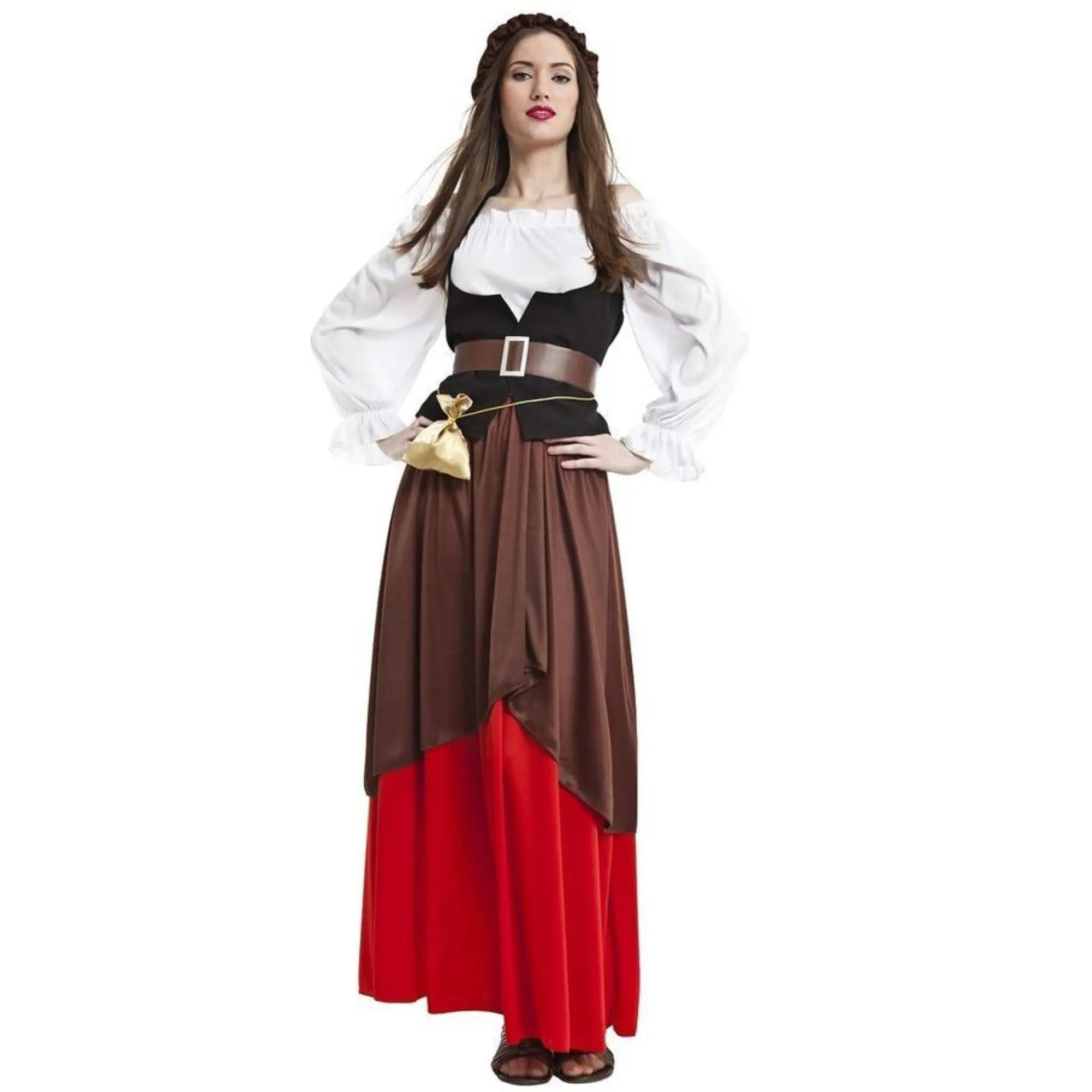 Disfraz de mesonera medieval para mujer con vestido, chaleco y gorro típico de taberna medieval