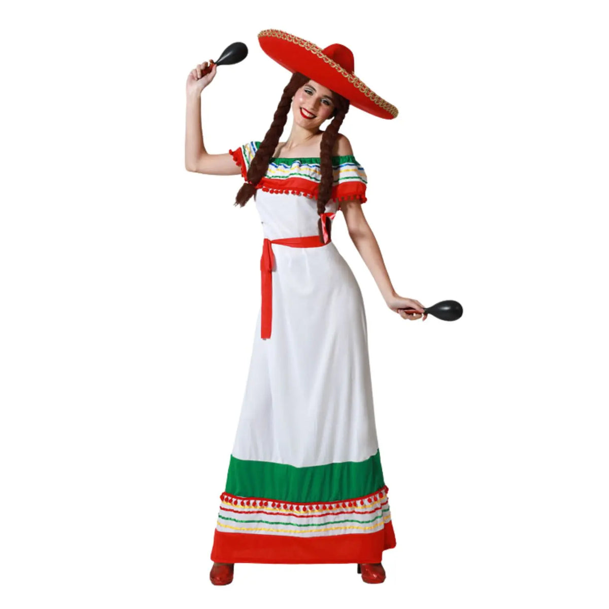 Disfraz de Mexicana para mujer con vestido largo blanco, rojo y verde