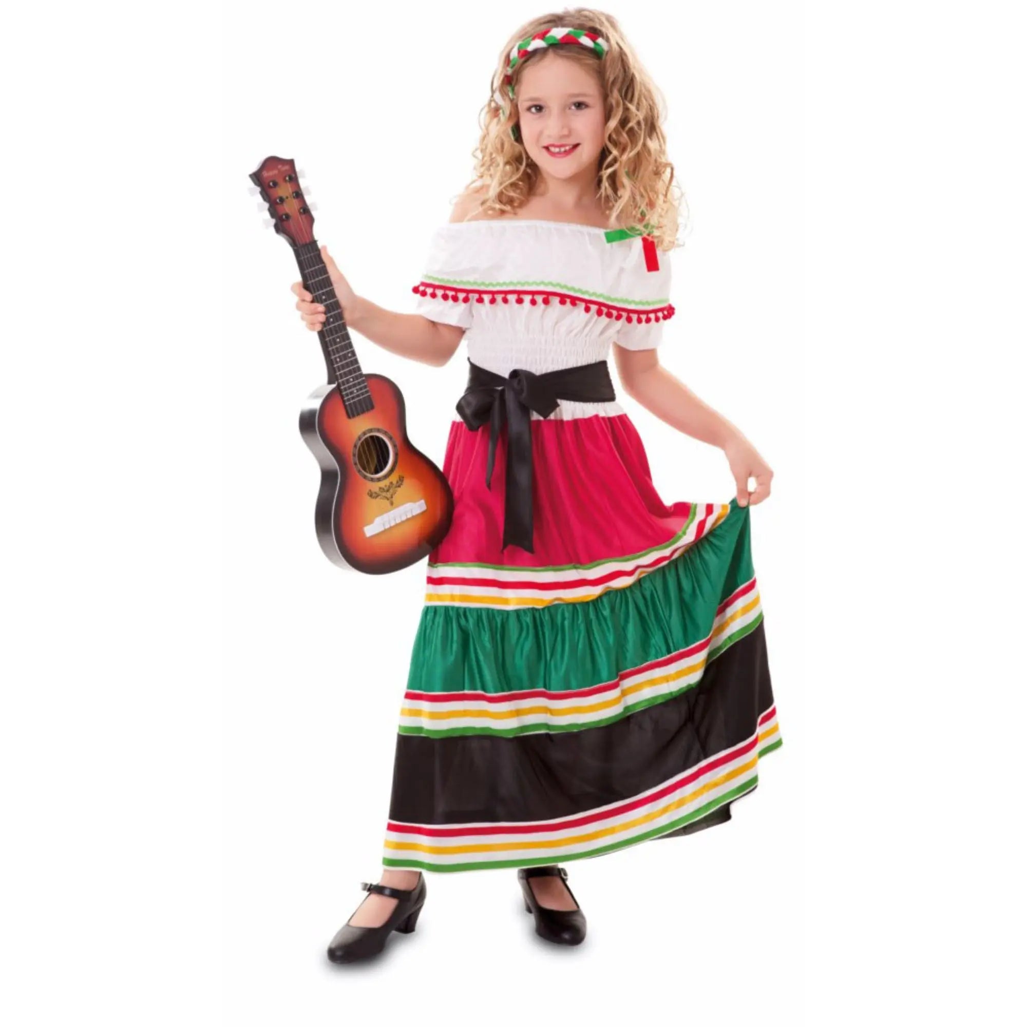 Disfraz mexicana infantil con vestido tricolor y diadema para Carnaval y fiestas escolares
