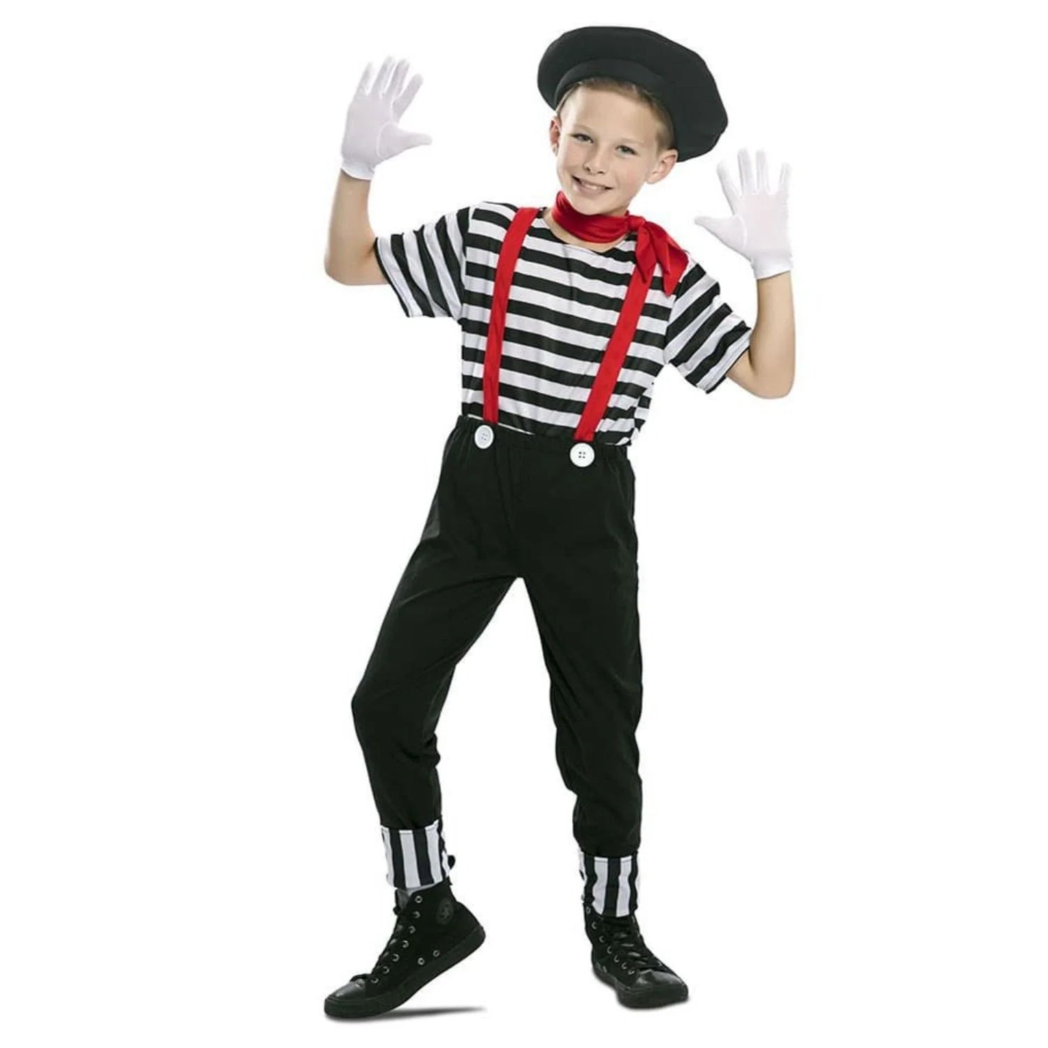 Disfraz mimo niño con boina y tirantes para Carnaval