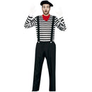 Disfraz de mimo para hombre con camiseta a rayas, tirantes, pantalón, gorro y pañuelo estilo circo