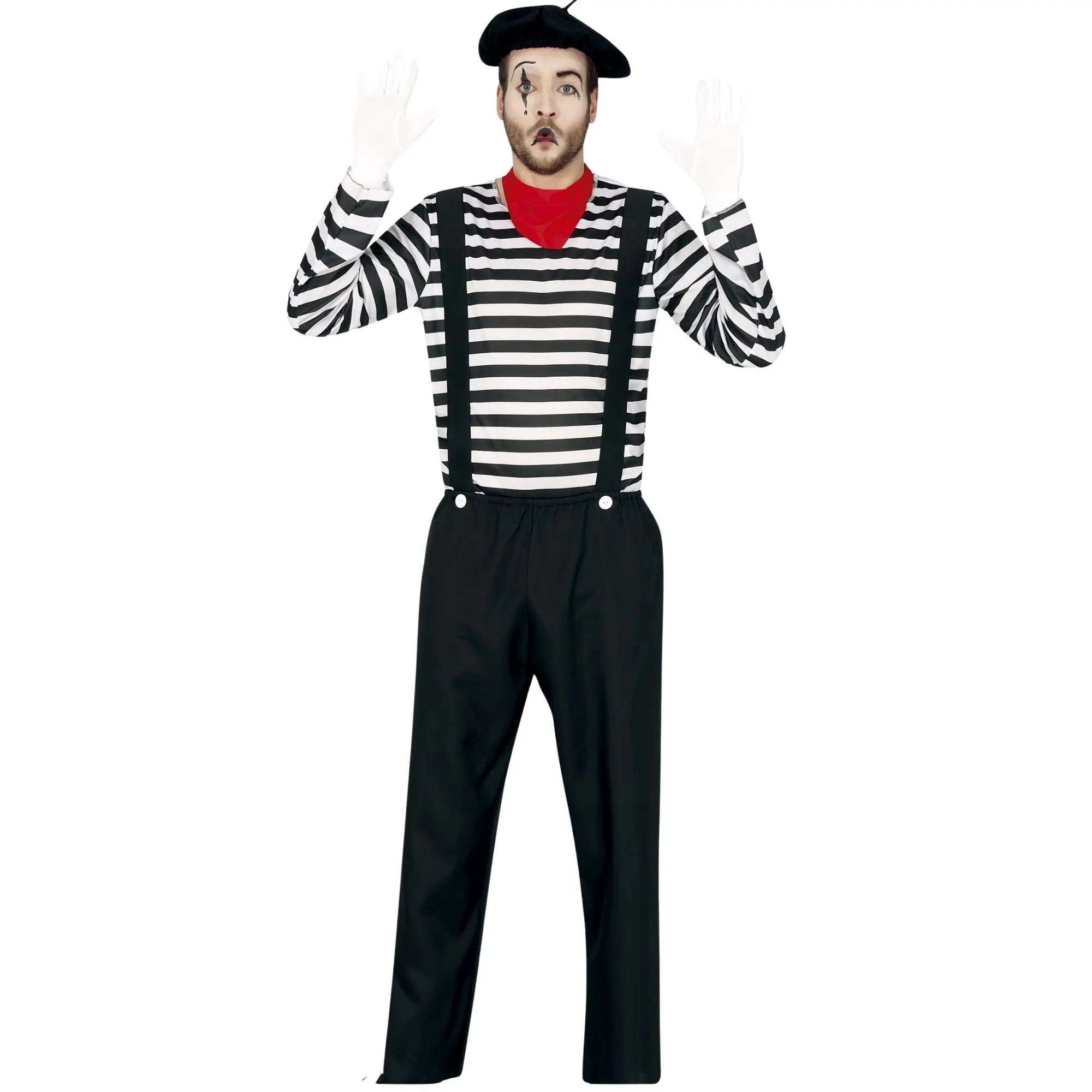 Disfraz de mimo para hombre con camiseta a rayas, tirantes, pantalón, gorro y pañuelo estilo circo