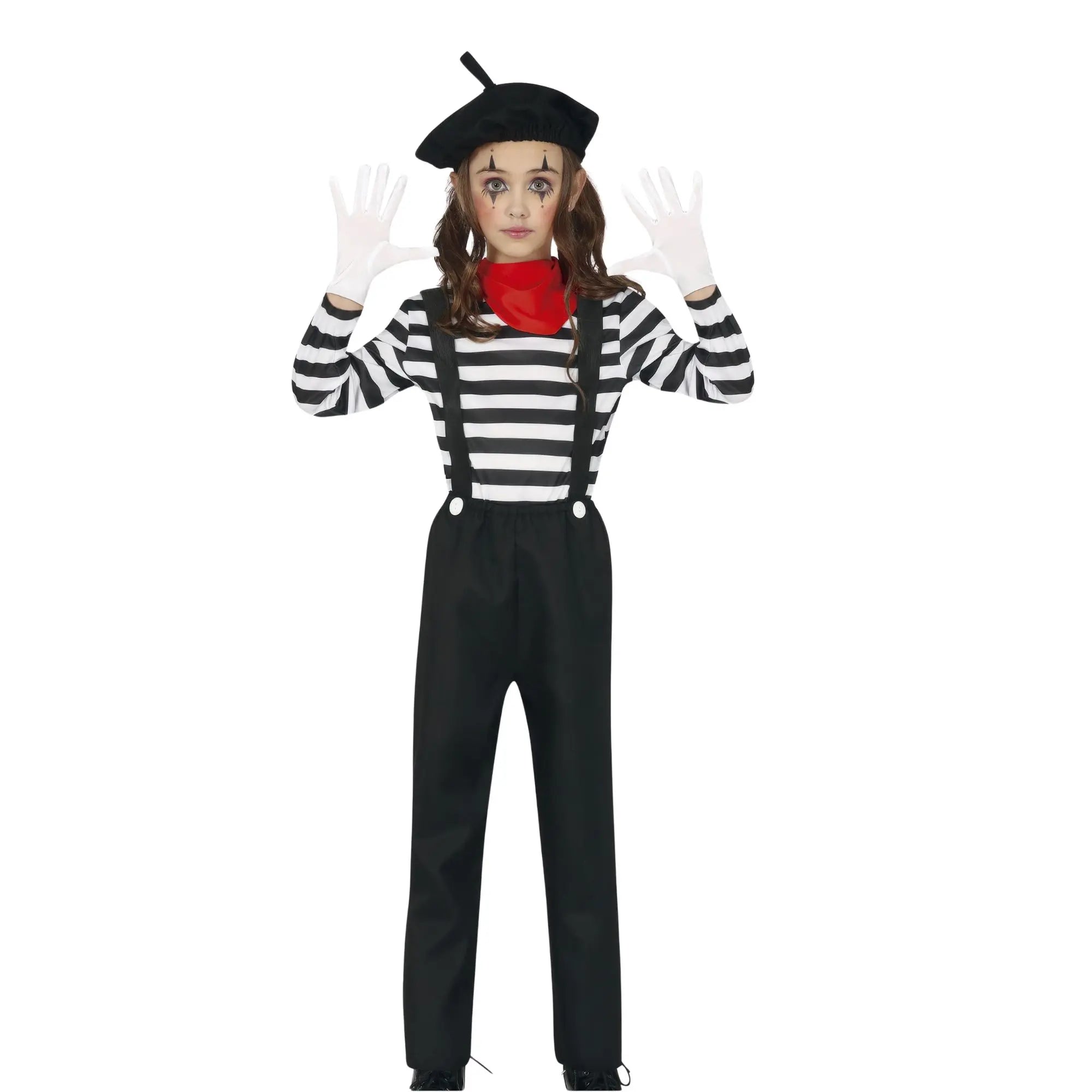 Disfraz de mimo infantil con gorro, camiseta, tirantes y pantalón para Carnaval y fiestas escolares