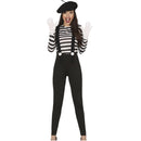 Disfraz de mimo para mujer adulto con gorro, pantalón, tirantes y camisa estilo circo clásico