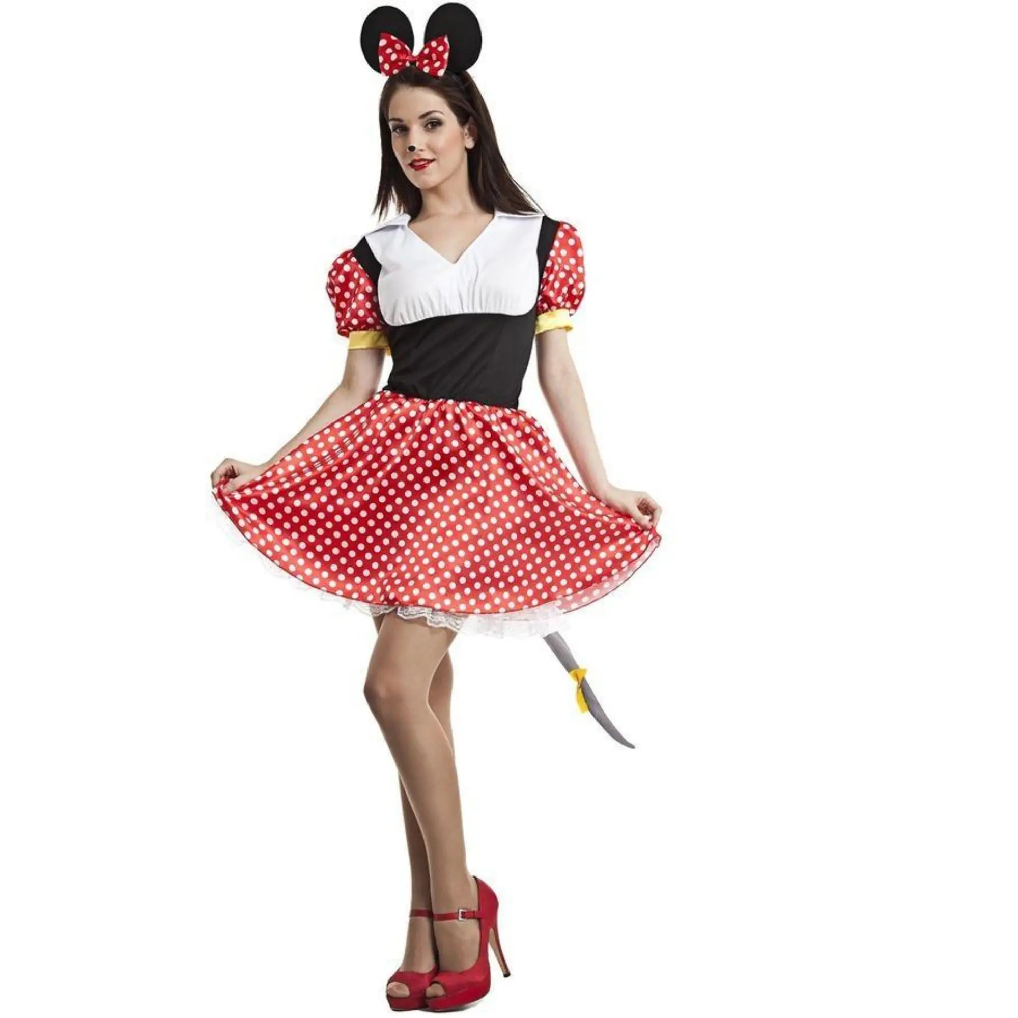 Disfraz de ratoncita adulta con vestido rojo, enagua, cola y diadema con orejas para Carnaval