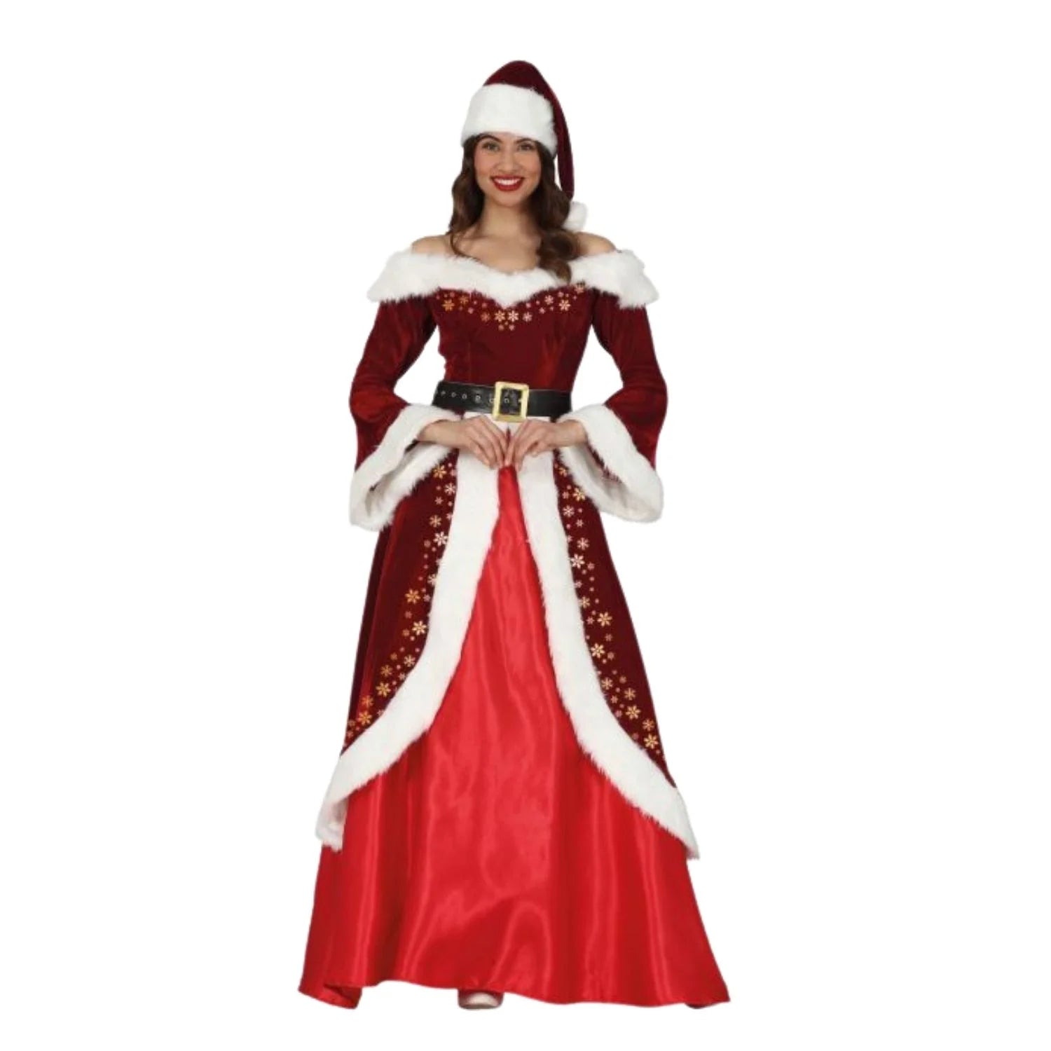 Disfraz Miss Santa Claus mujer con vestido rojo cinturón y gorro navideño elegante