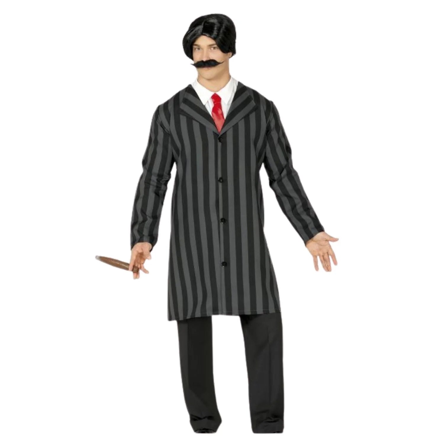 Disfraz Mister Addams para hombre con traje a rayas y corbata roja